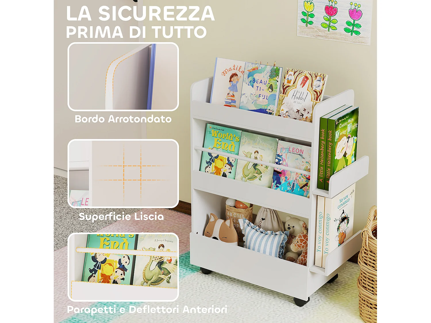 Libreria montessoriana per bambini 2 in 1 con lavagna nera e ruote, in legno fsc porta libri con 4 ripiani