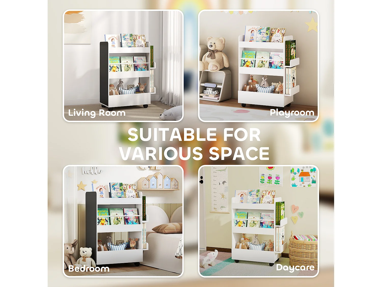 Libreria montessoriana per bambini 2 in 1 con lavagna nera e ruote, in legno fsc porta libri con 4 ripiani