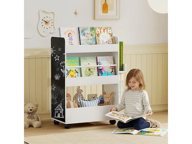 Libreria montessoriana per bambini 2 in 1 con lavagna nera e ruote, in legno fsc porta libri con 4 ripiani
