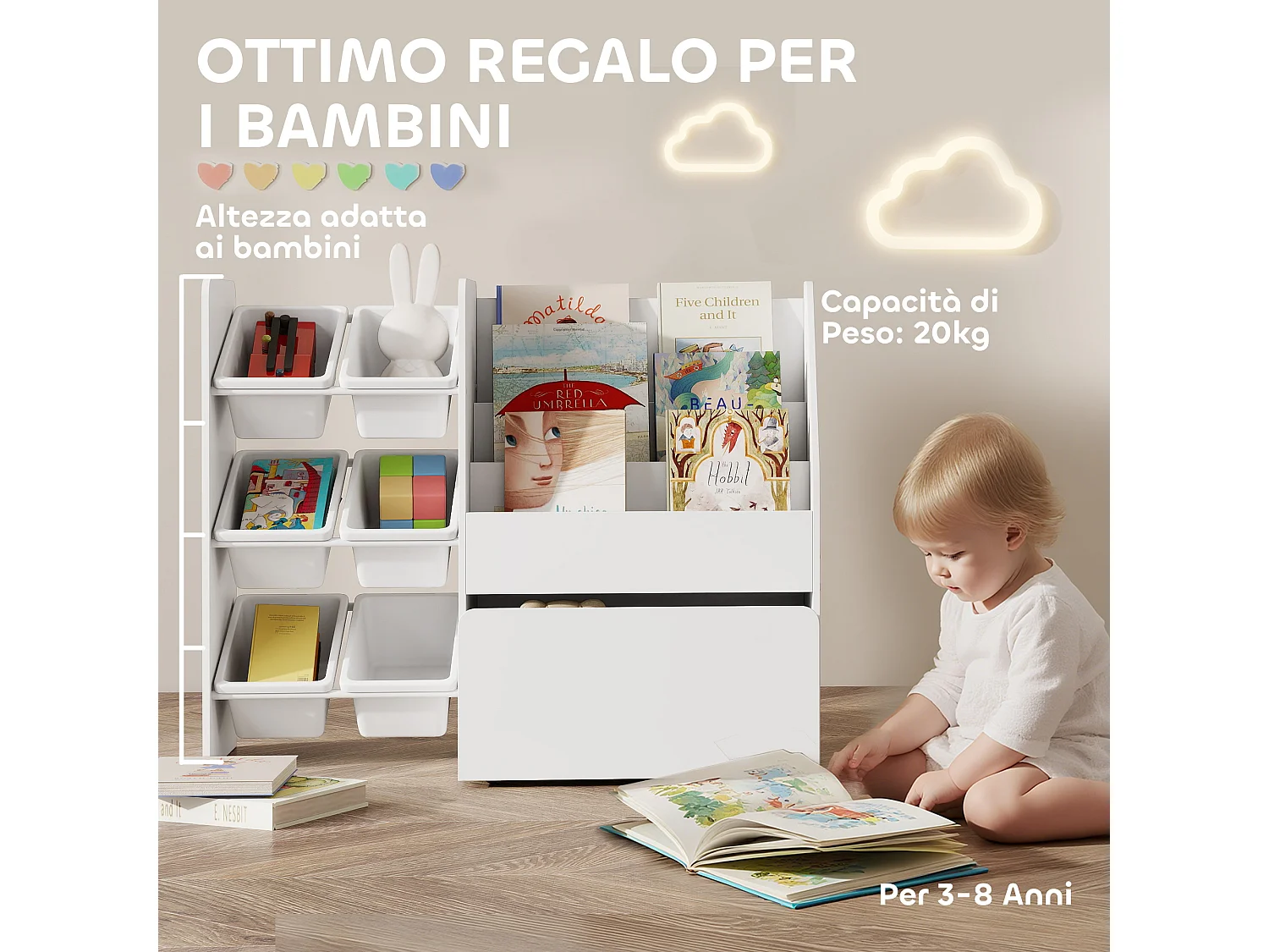 Scaffale portagiochi bambini organizzatore per giocattoli in legno fsc