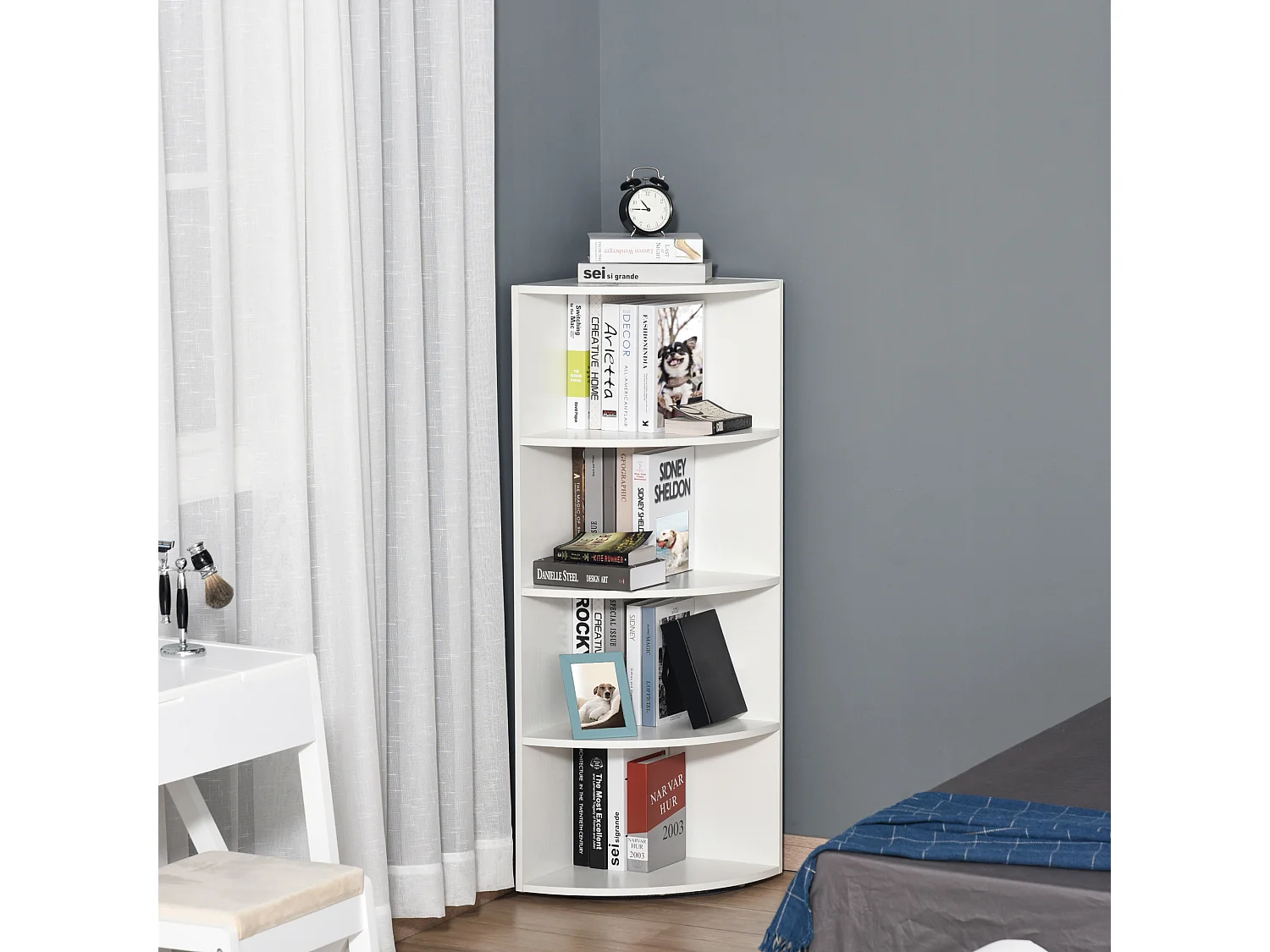 Libreria ad angolo 4 ripiani a muro e parete legno