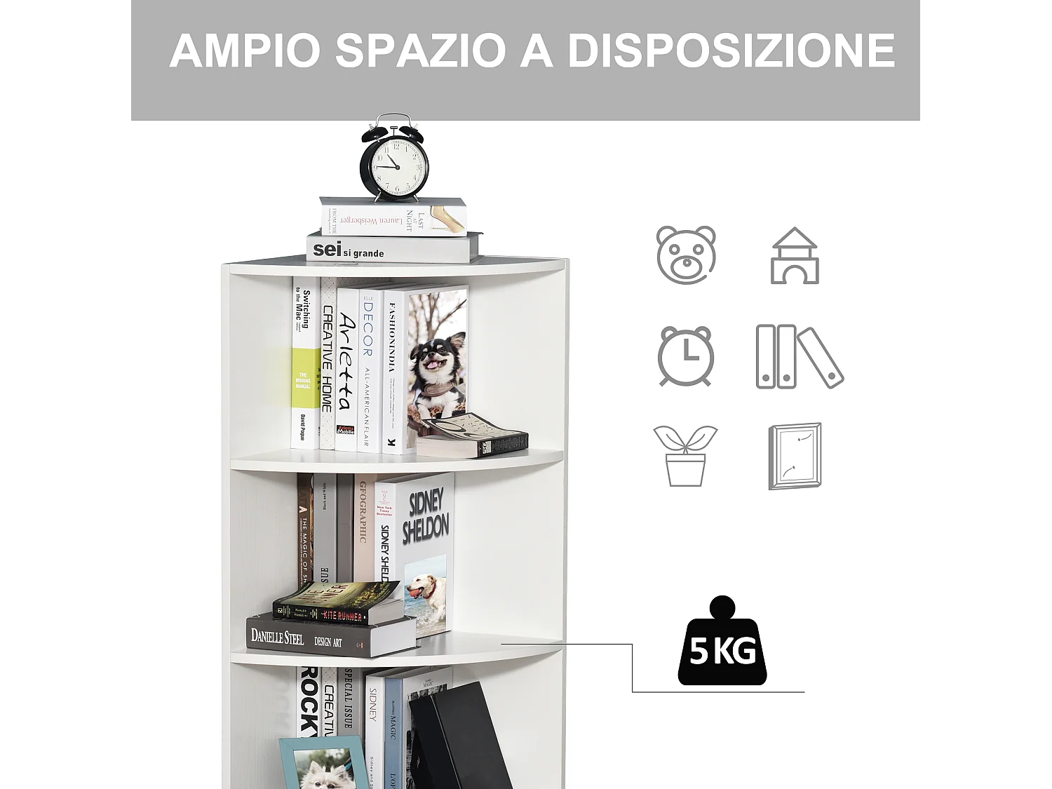 Libreria ad angolo 4 ripiani a muro e parete legno