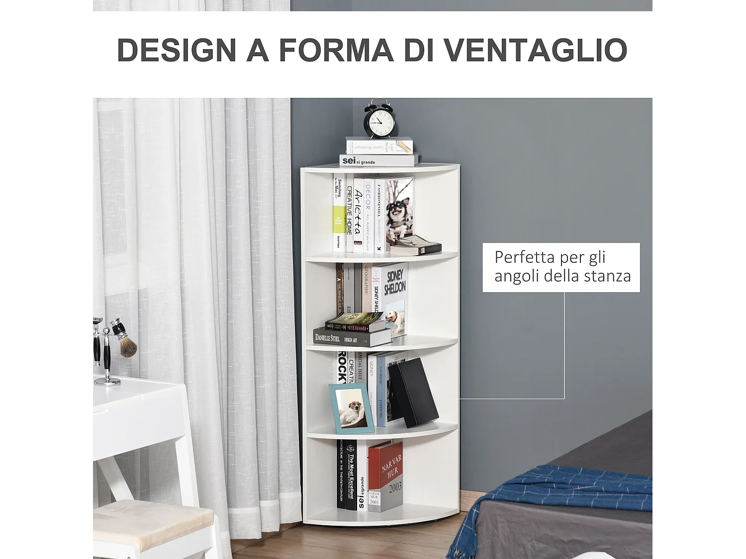 Libreria ad angolo 4 ripiani a muro e parete legno