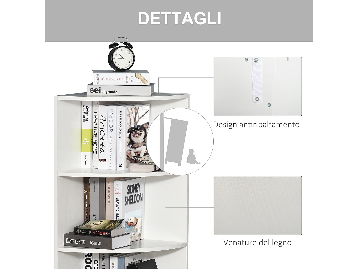 Libreria ad angolo 4 ripiani a muro e parete legno