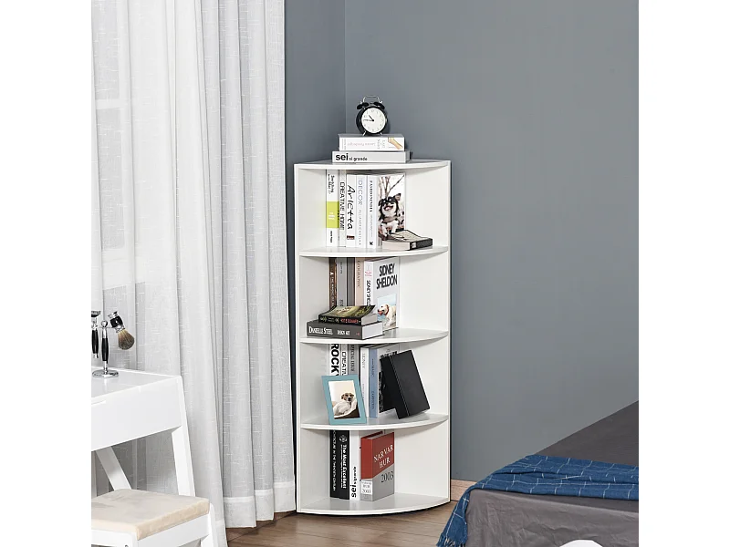 Libreria ad angolo 4 ripiani a muro e parete legno