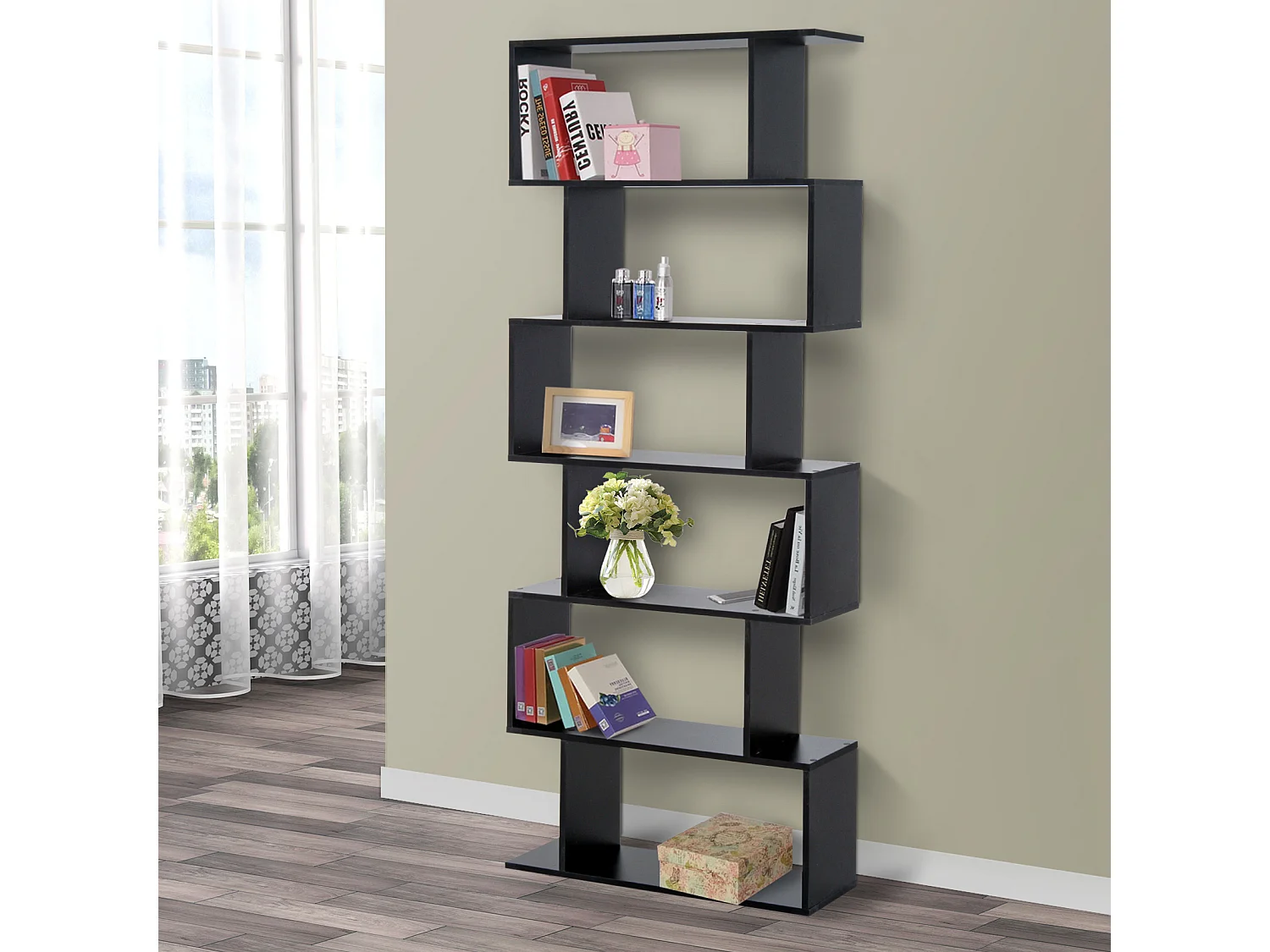 Libreria moderna con 6 ripiani per casa e ufficio in legno nero