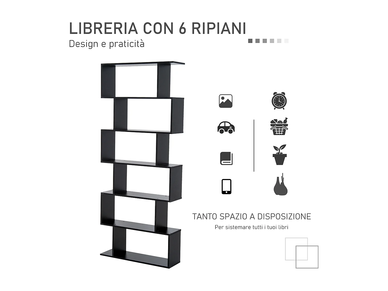 Libreria moderna con 6 ripiani per casa e ufficio in legno nero