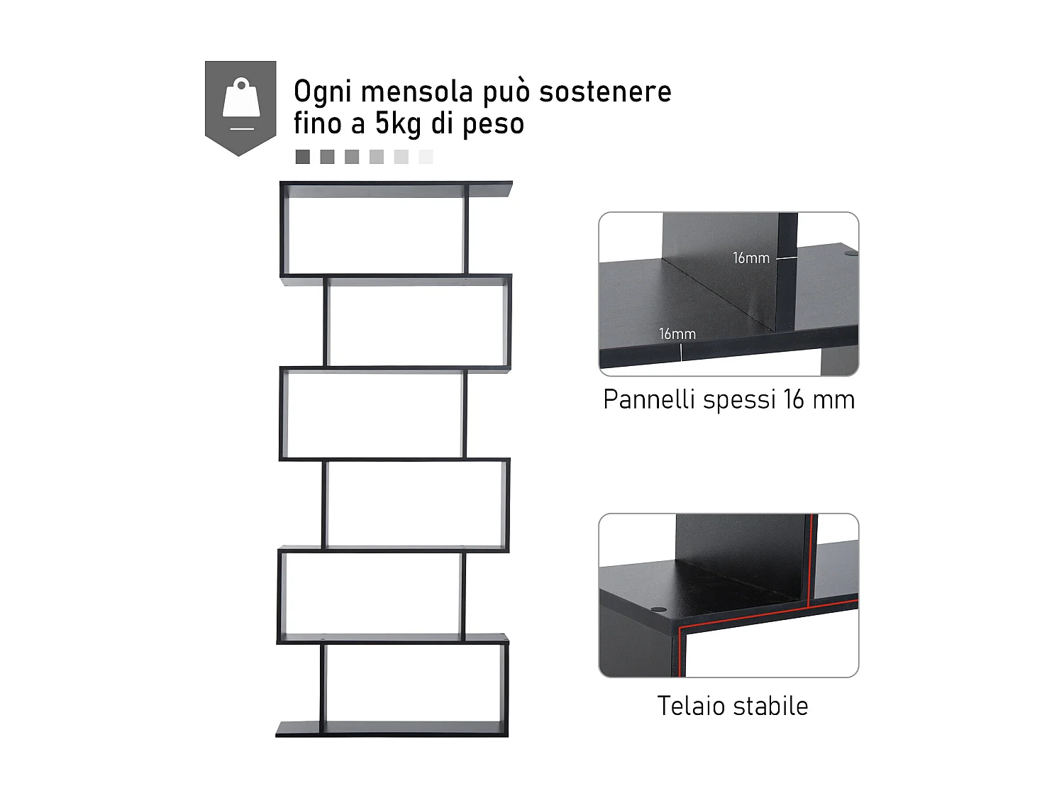 Libreria moderna con 6 ripiani per casa e ufficio in legno nero
