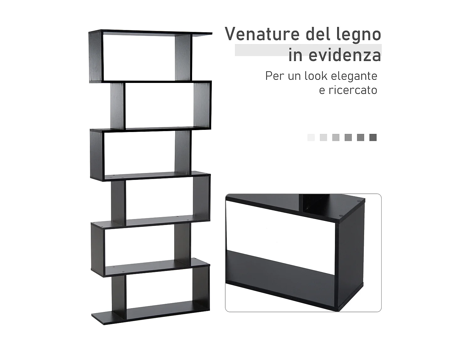 Libreria moderna con 6 ripiani per casa e ufficio in legno nero