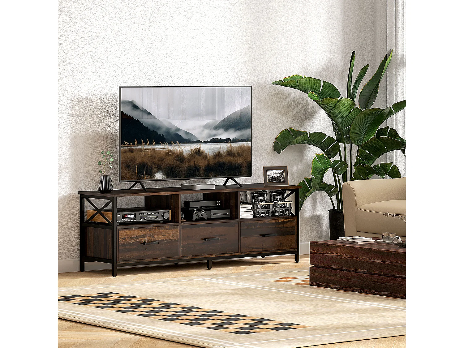 Mobile tv 65" max in stile industriale con 3 cassetti e 3 ripiani aperti