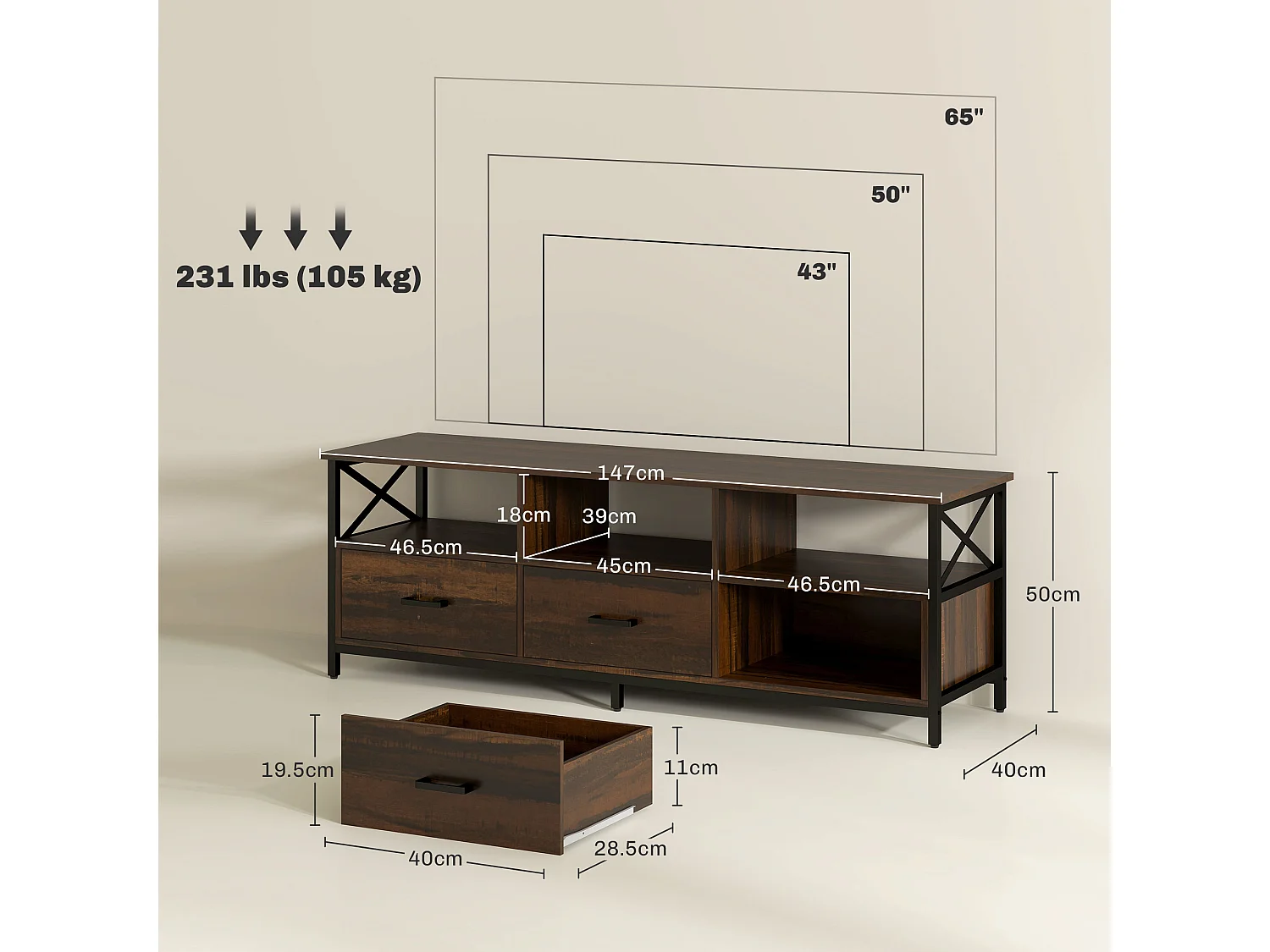 Mobile tv 65" max in stile industriale con 3 cassetti e 3 ripiani aperti