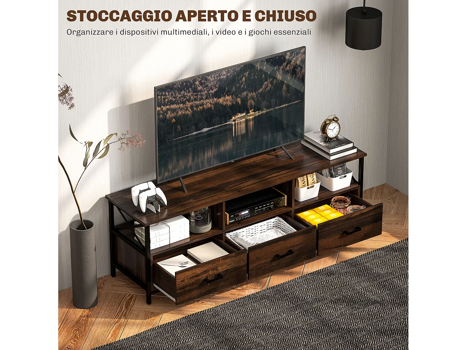 Mobile tv 65" max in stile industriale con 3 cassetti e 3 ripiani aperti