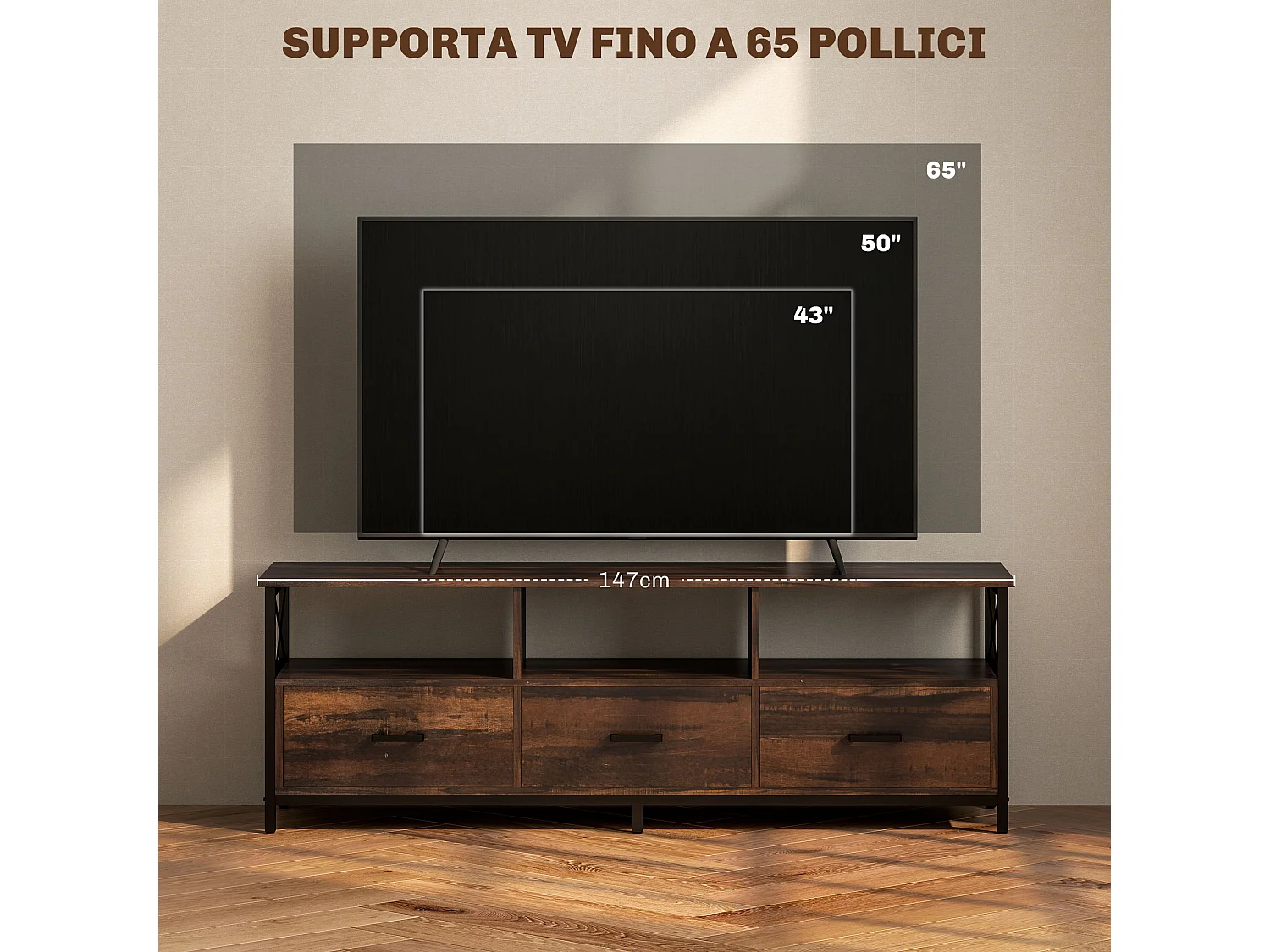 Mobile tv 65" max in stile industriale con 3 cassetti e 3 ripiani aperti