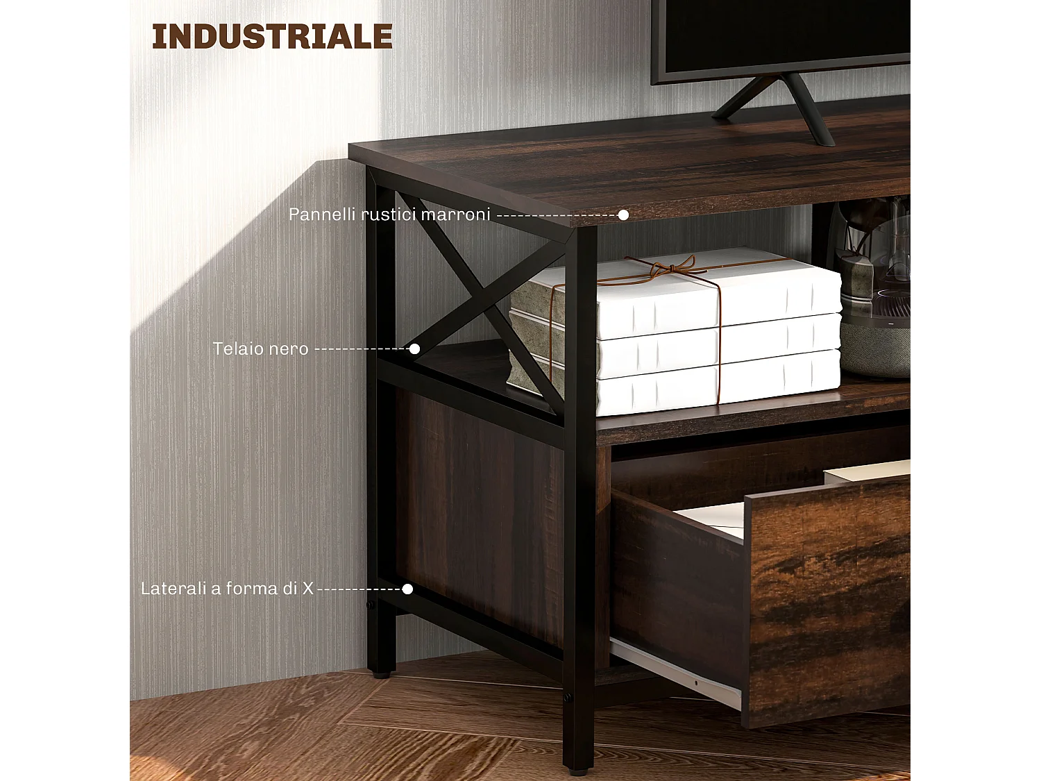 Mobile tv 65" max in stile industriale con 3 cassetti e 3 ripiani aperti