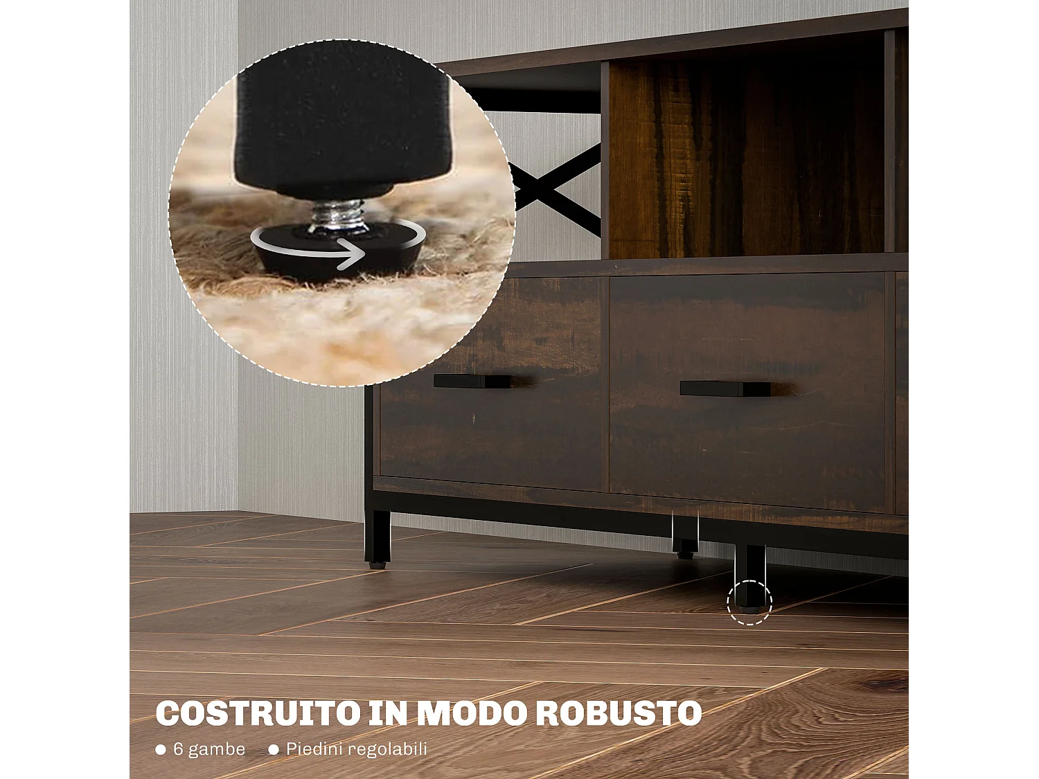 Mobile tv 65" max in stile industriale con 3 cassetti e 3 ripiani aperti