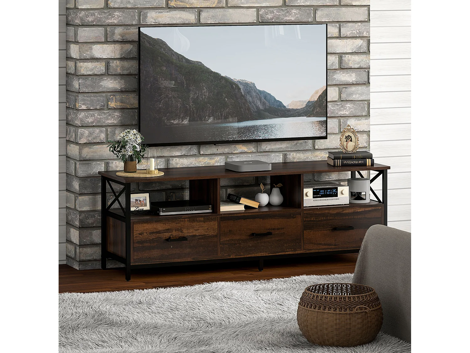 Mobile tv 65" max in stile industriale con 3 cassetti e 3 ripiani aperti