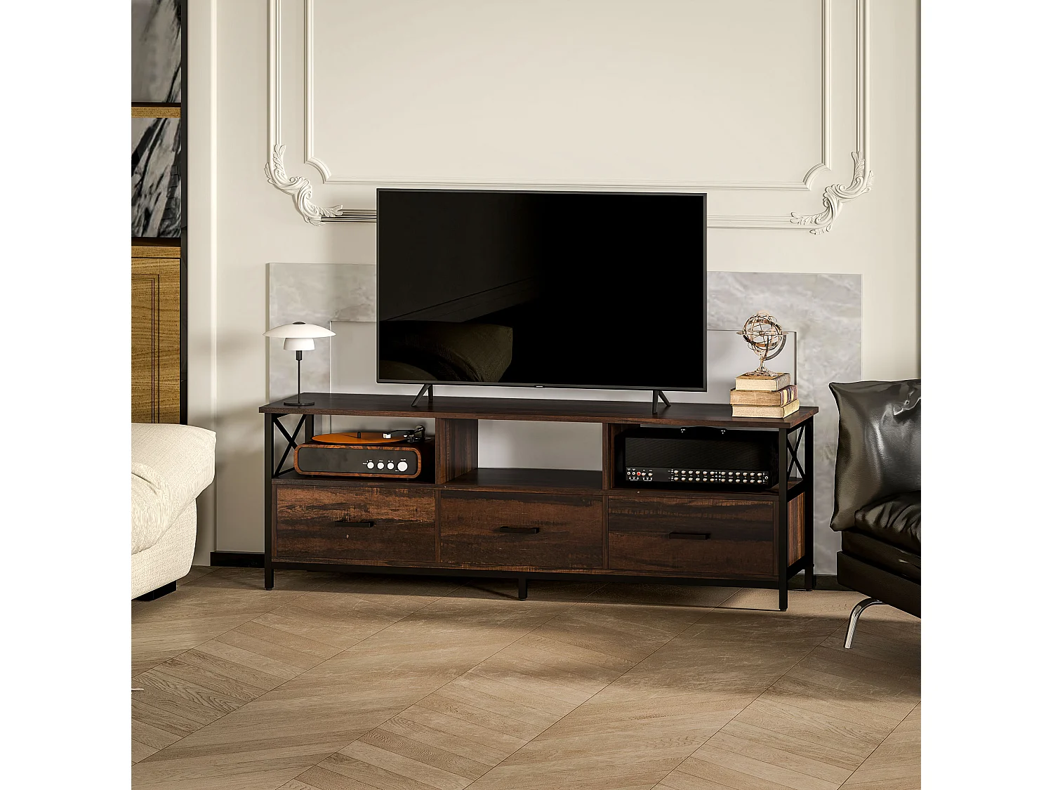 Mobile tv 65" max in stile industriale con 3 cassetti e 3 ripiani aperti