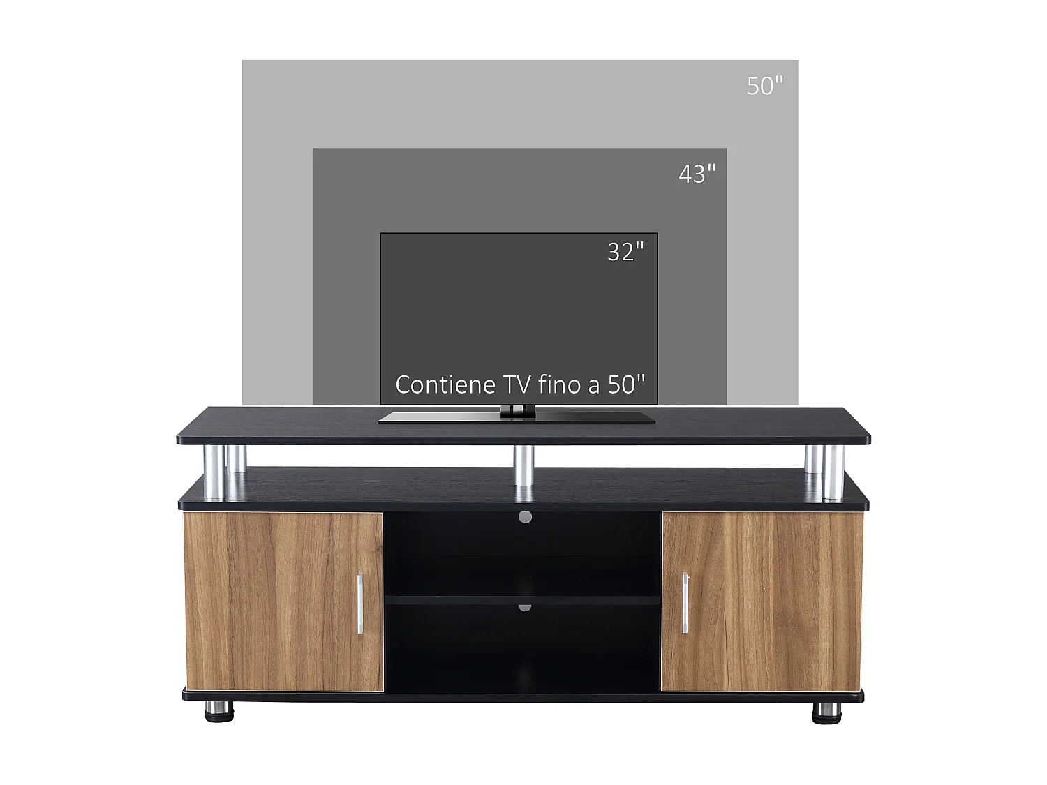 Mobile tv fino 55 pollice legno e alluminio con armadietti e ripiani