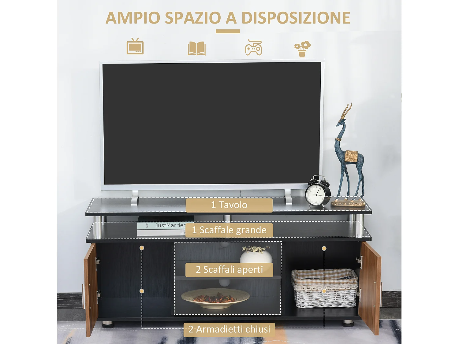 Mobile tv fino 55 pollice legno e alluminio con armadietti e ripiani