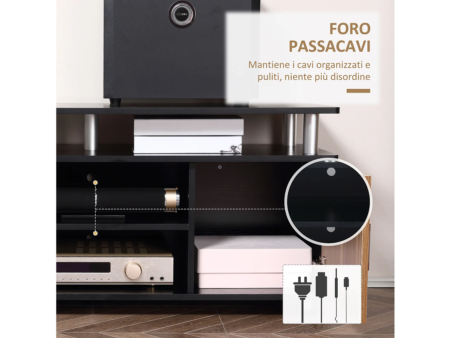 Mobile tv fino 55 pollice legno e alluminio con armadietti e ripiani