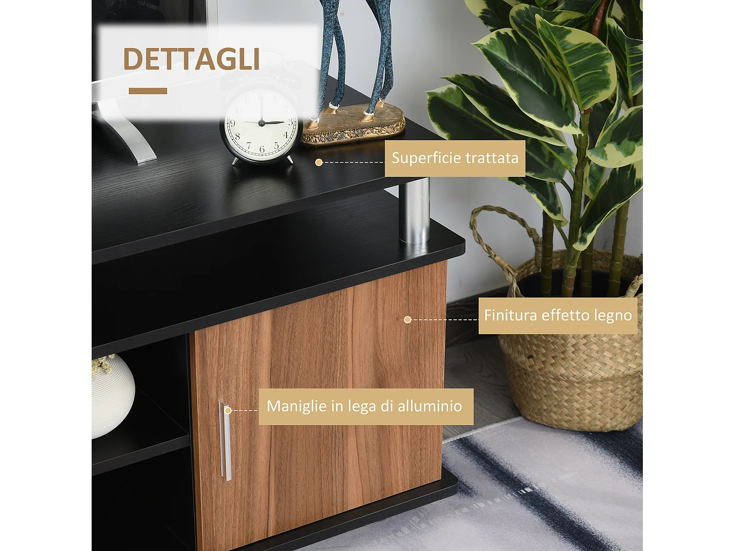 Mobile tv fino 55 pollice legno e alluminio con armadietti e ripiani