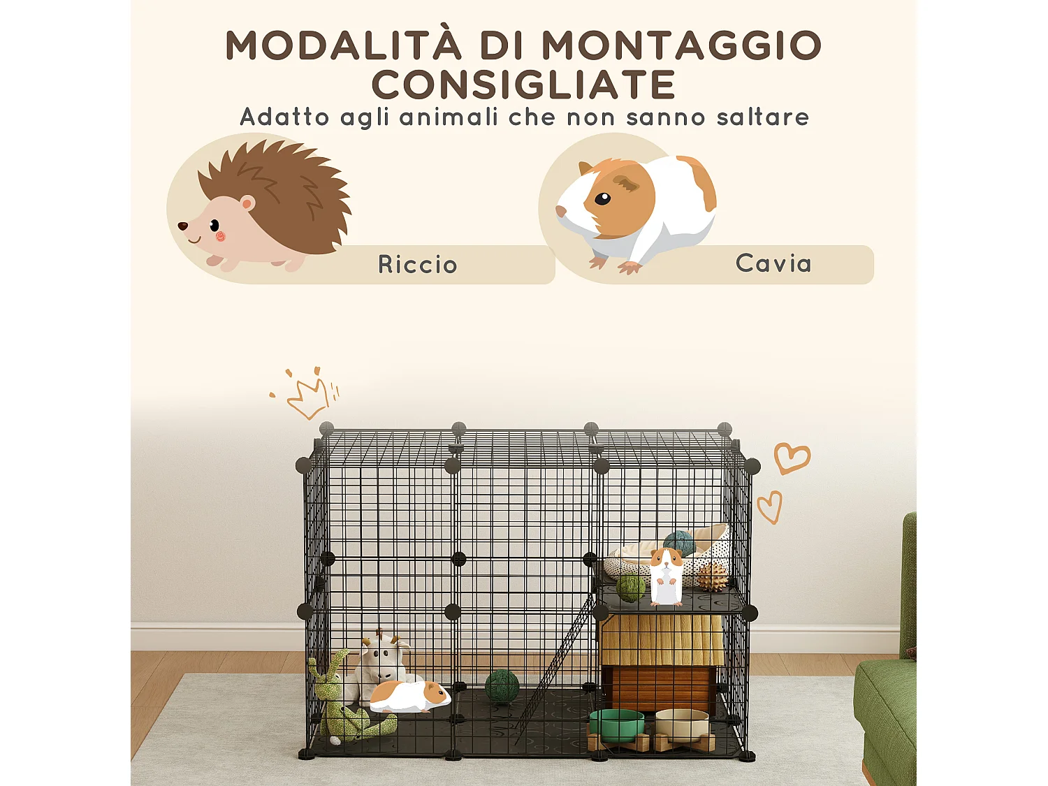 Gabbia per conigli modulare multilivello con 3 porte in acciaio nero