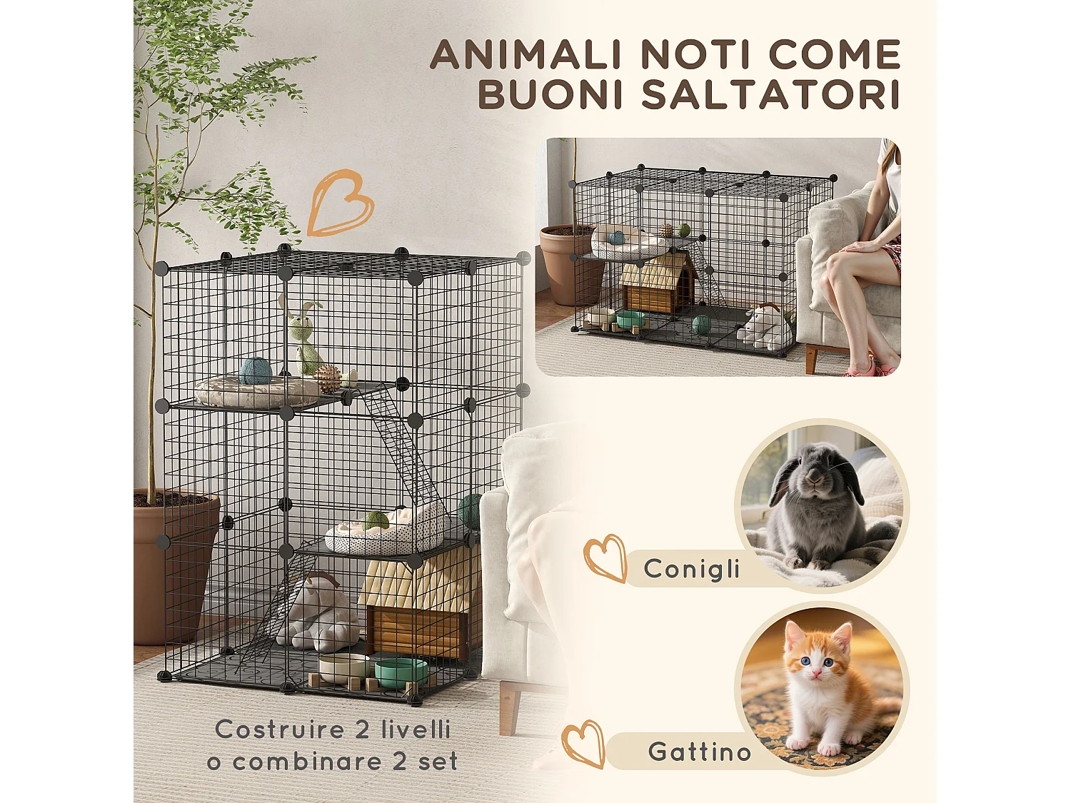 Gabbia per conigli modulare multilivello con 3 porte in acciaio nero