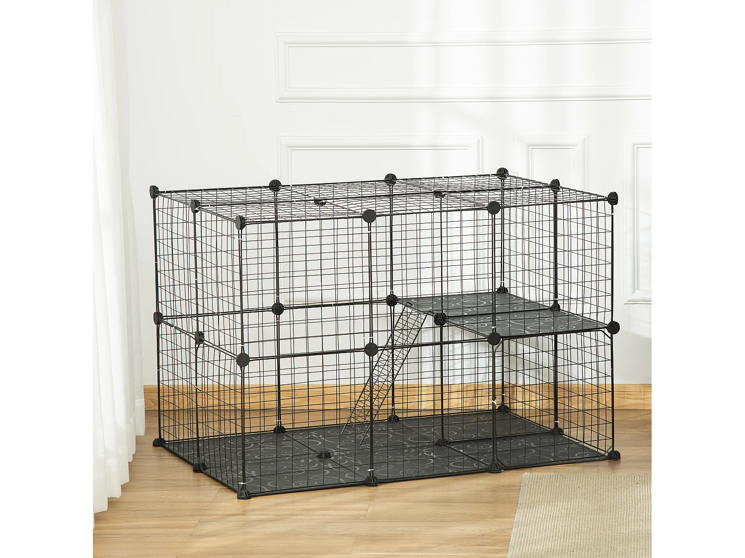 Gabbia per conigli modulare multilivello con 3 porte in acciaio nero