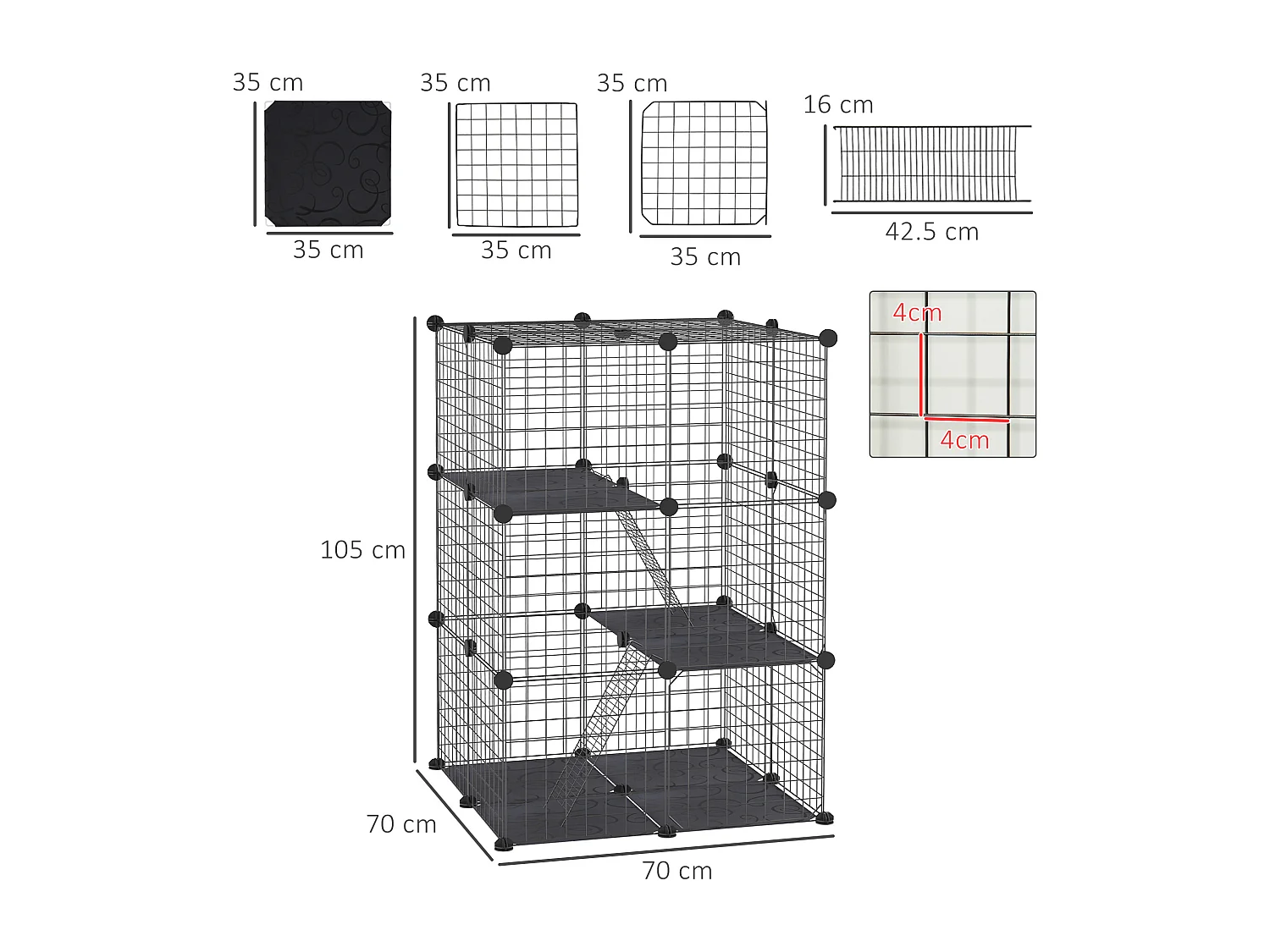 Gabbia per conigli modulare multilivello con 3 porte in acciaio nero