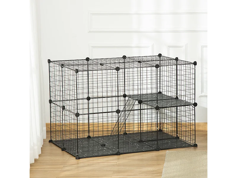 Gabbia per conigli modulare multilivello con 3 porte in acciaio nero