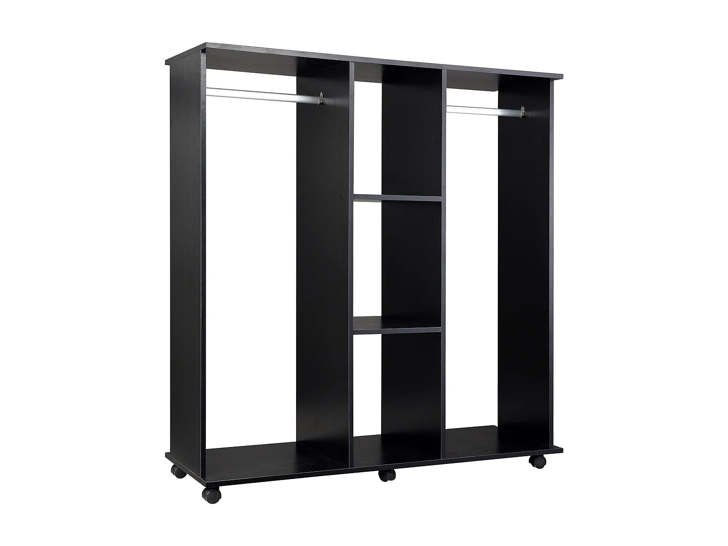 Armadio con 2 appendiabiti ripiani e ruote in legno e alluminio nero