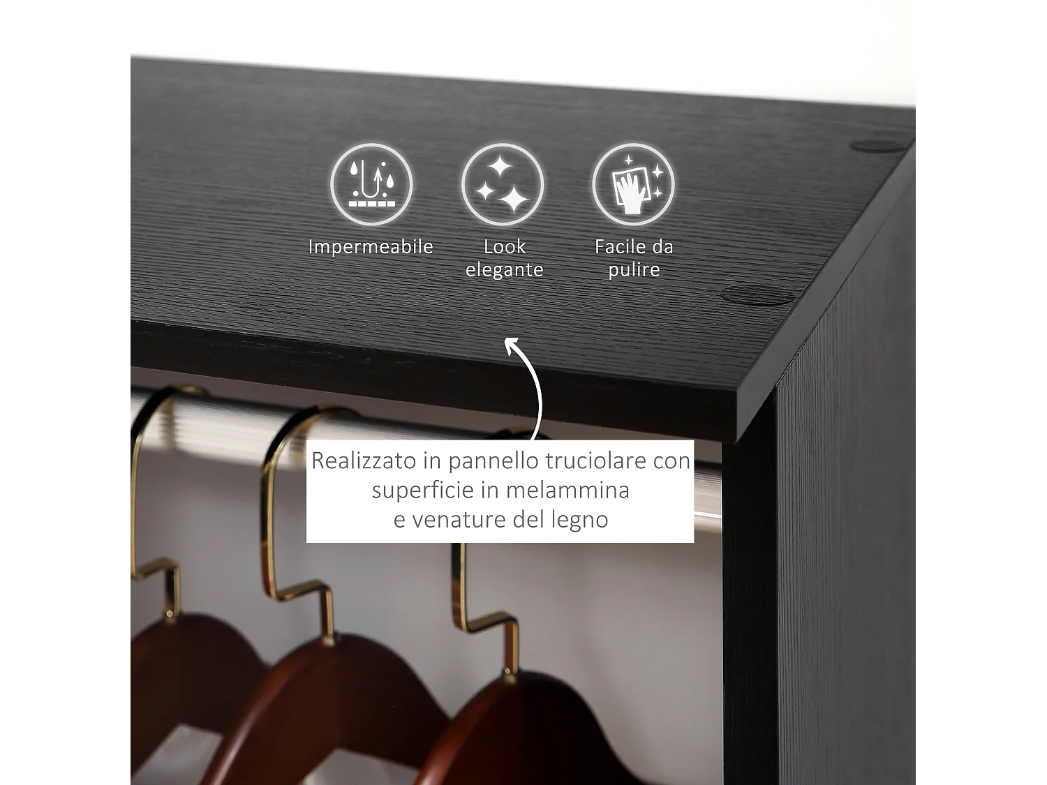 Armadio con 2 appendiabiti ripiani e ruote in legno e alluminio nero