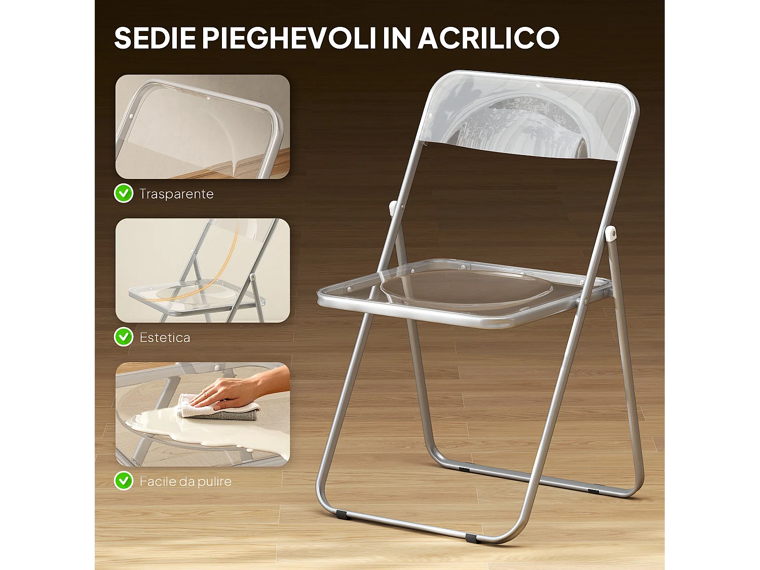 Set di 4 sedie pieghevoli in acrilico sedie richiudibili salvaspazio in acciaio