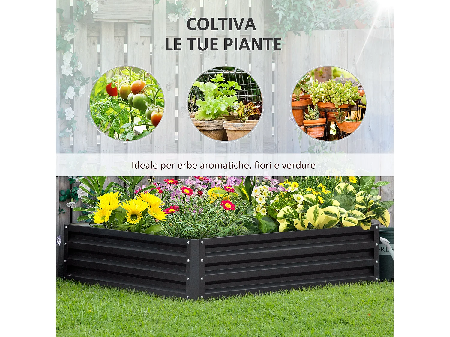 Letto per orto rialzato a fondo aperto in acciaio zincato grigio