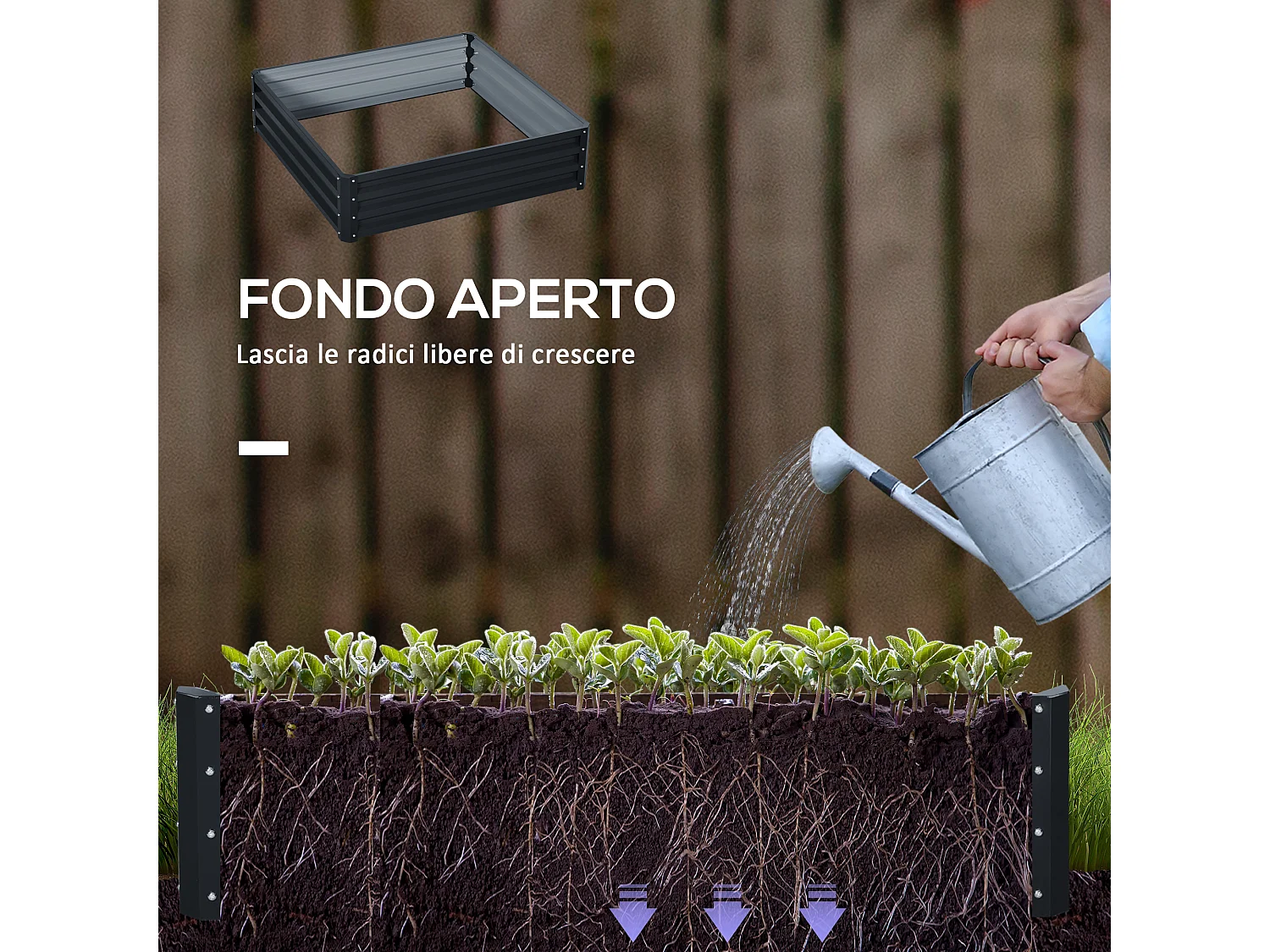 Letto per orto rialzato a fondo aperto in acciaio zincato grigio