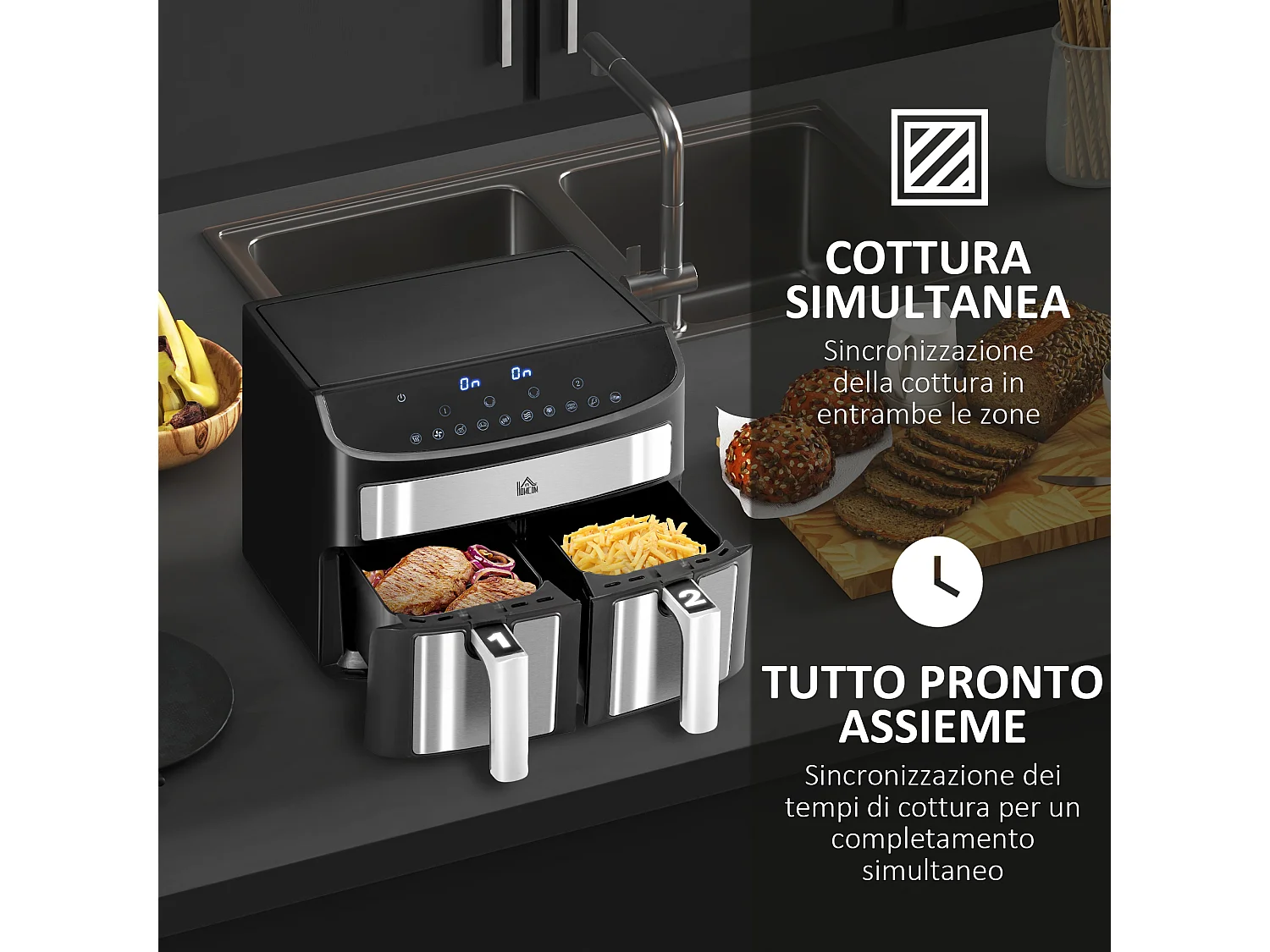 Friggitrice ad aria a 2 vaschette con timer e calore regolabile nero