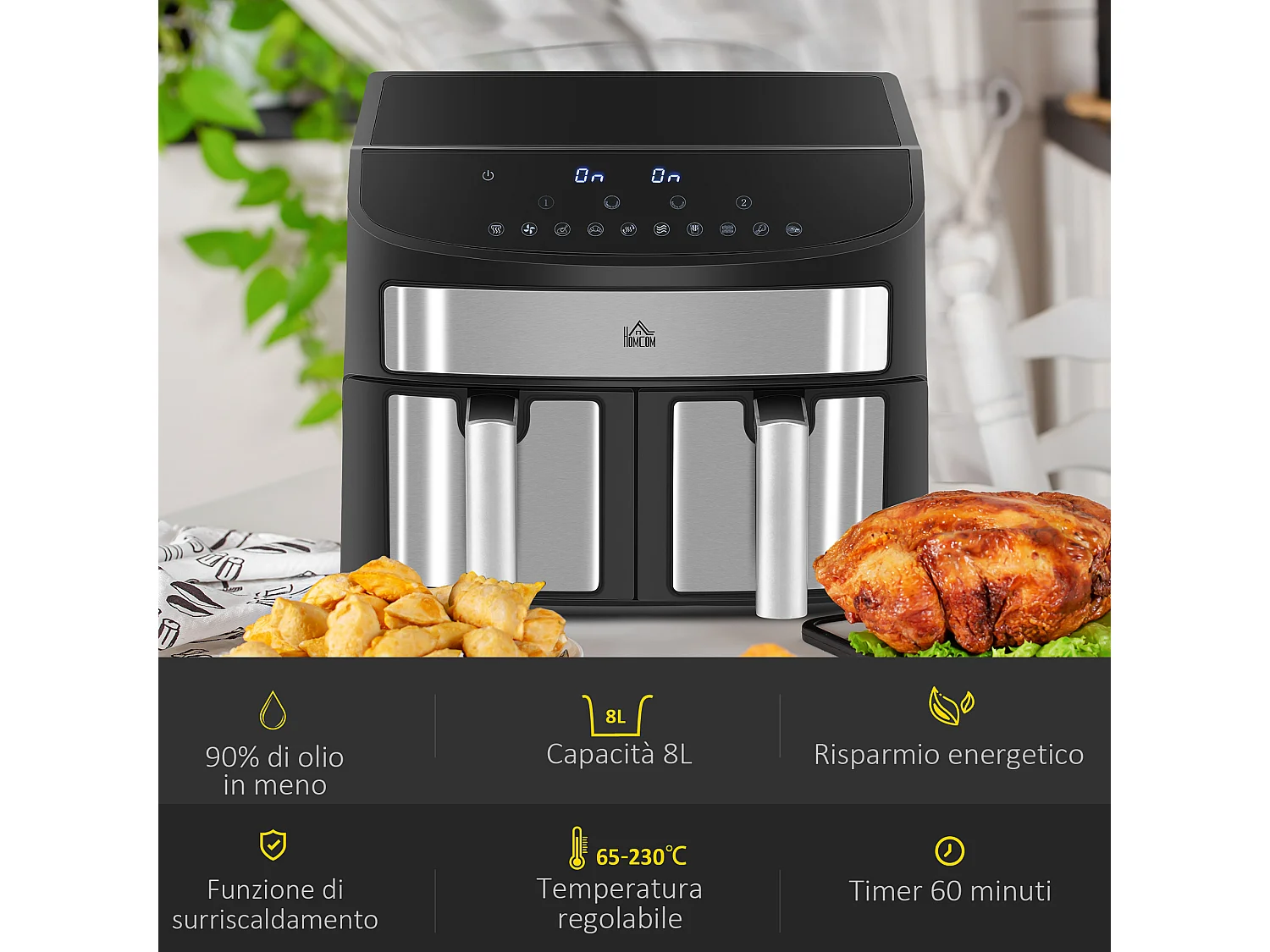 Friggitrice ad aria a 2 vaschette con timer e calore regolabile nero
