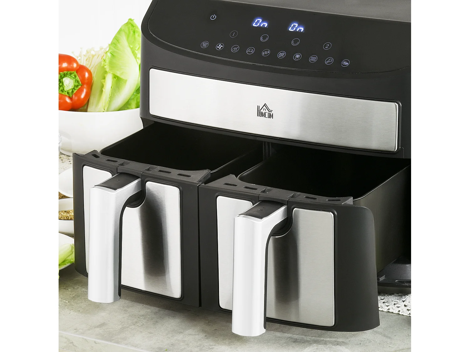 Friggitrice ad aria a 2 vaschette con timer e calore regolabile nero