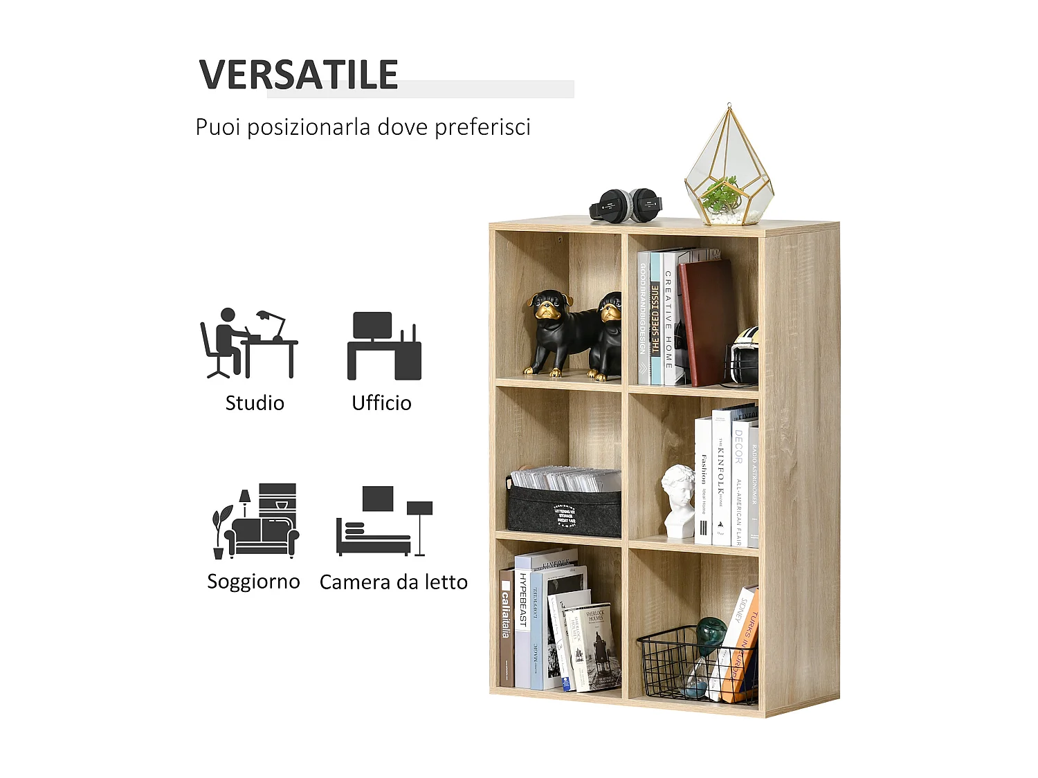 Mobile libreria a 6 cubi, libreria salvaspazio in legno