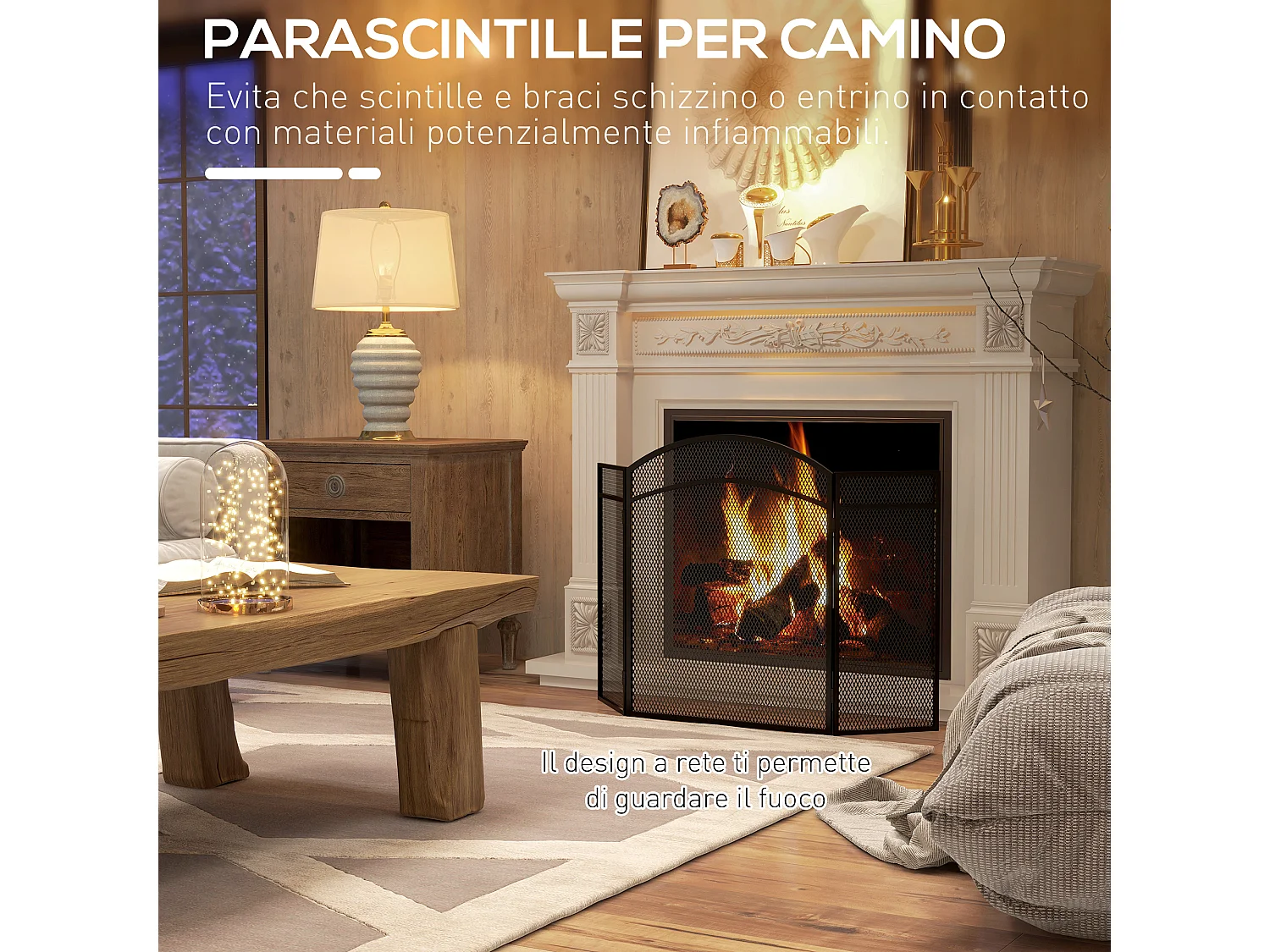 Parascintille per camino classico pieghevole 3 pannelli metallo nero