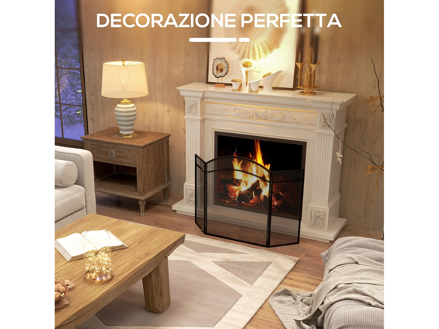 Parascintille per camino classico pieghevole 3 pannelli metallo nero