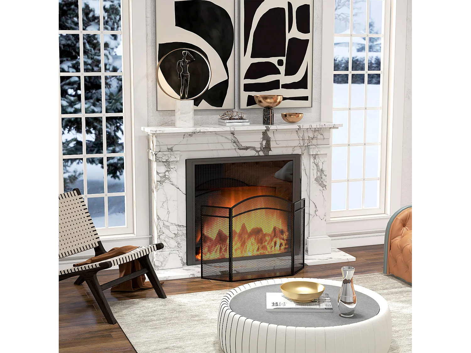 Parascintille per camino classico pieghevole 3 pannelli metallo nero