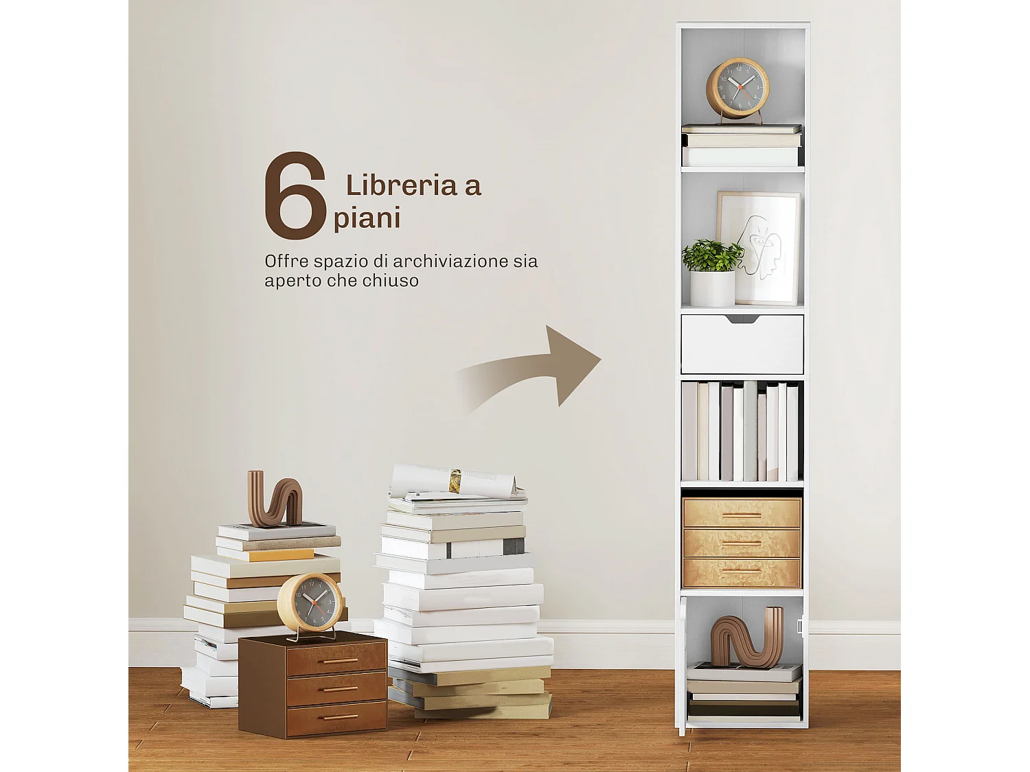 Libreria scaffale a 6 livelli, libreria verticale salvaspazio con armadietto