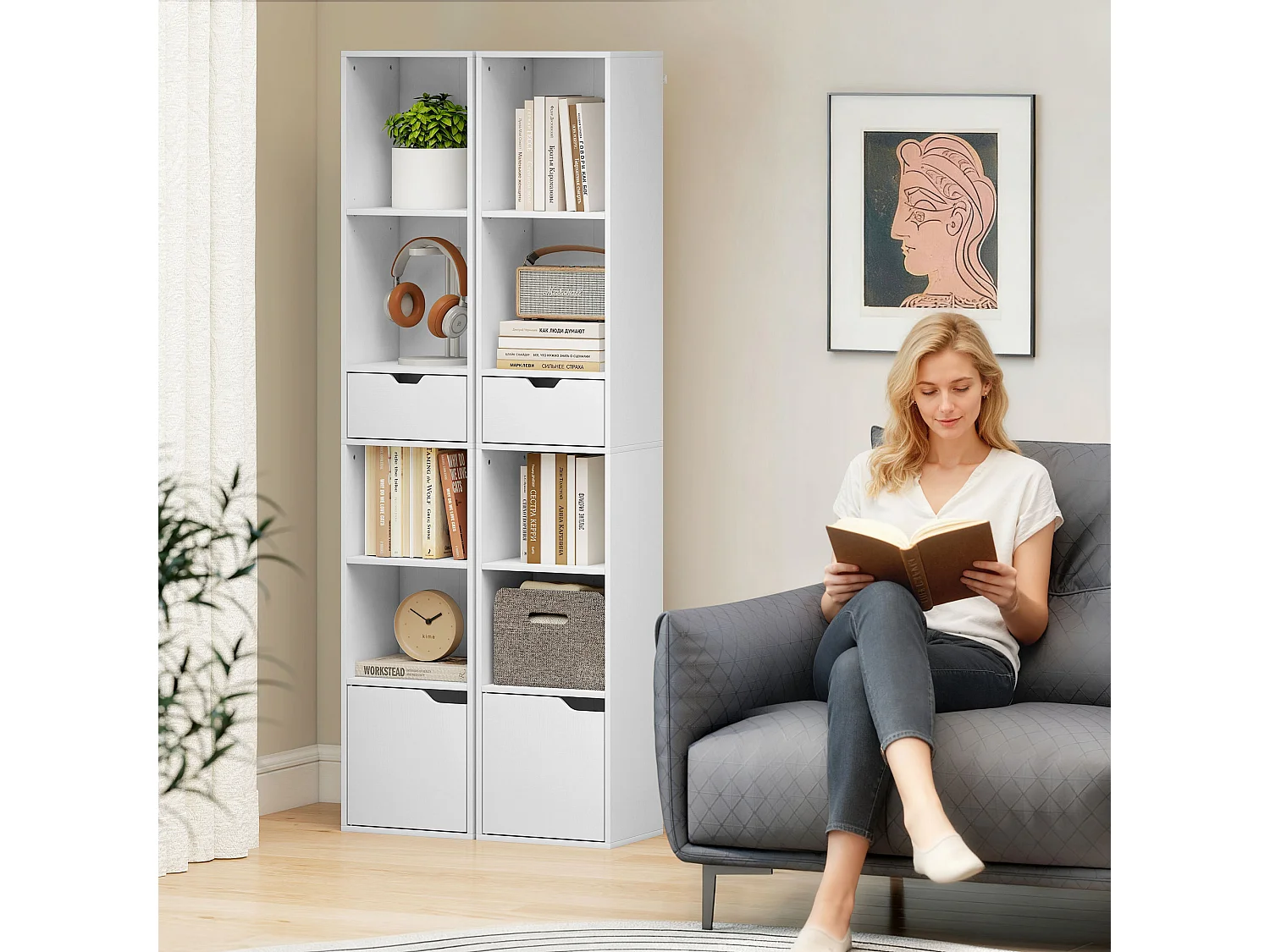 Libreria scaffale a 6 livelli, libreria verticale salvaspazio con armadietto