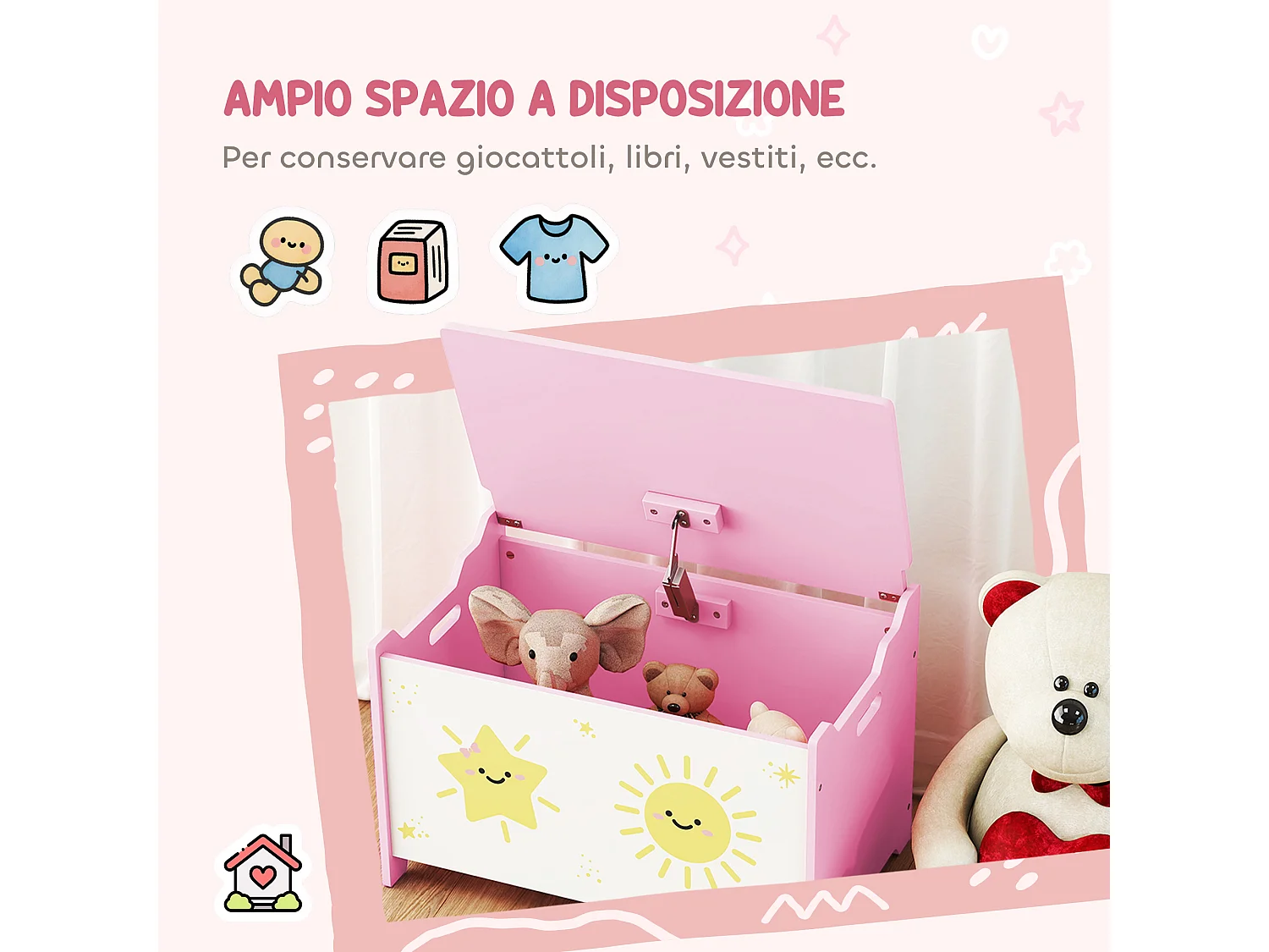 Baule portagiochi con coperchio per bambini cassa portaoggetti per giocattoli e vestiti