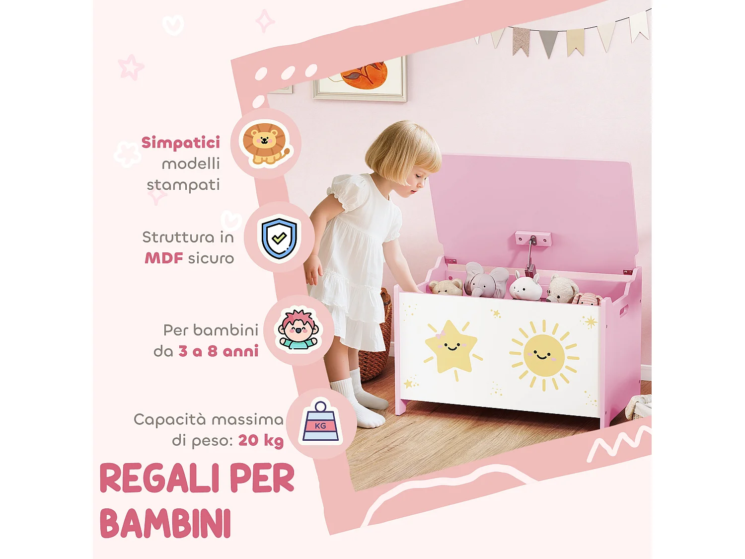 Baule portagiochi con coperchio per bambini cassa portaoggetti per giocattoli e vestiti