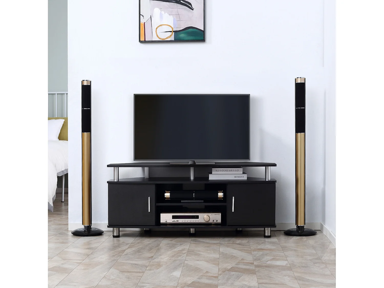 Mobile porta tv con 2 ripiani in mdf e acciaio inox nero