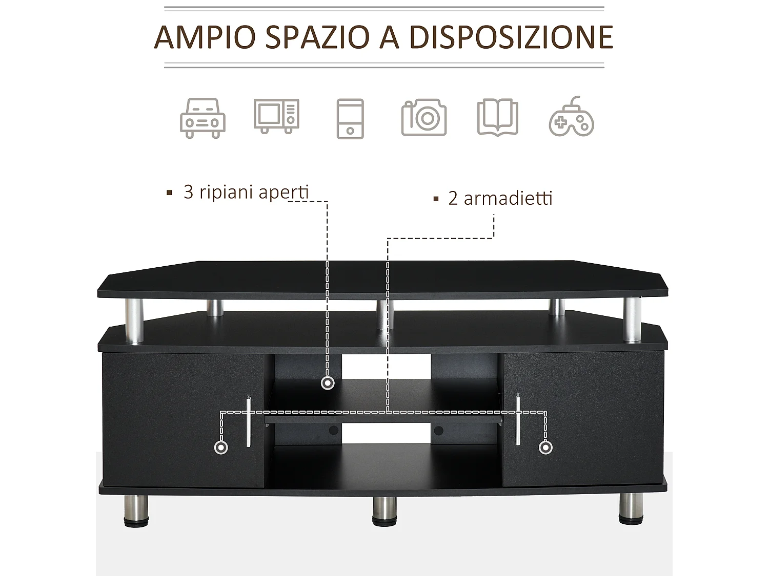 Mobile porta tv con 2 ripiani in mdf e acciaio inox nero