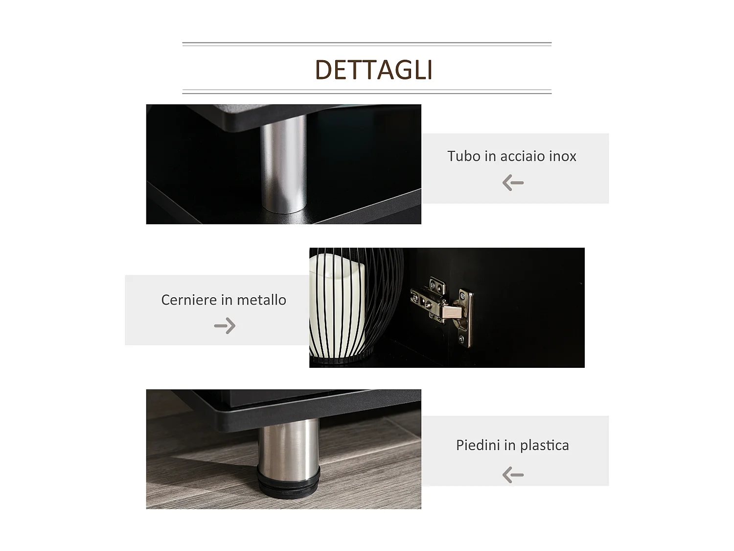 Mobile porta tv con 2 ripiani in mdf e acciaio inox nero