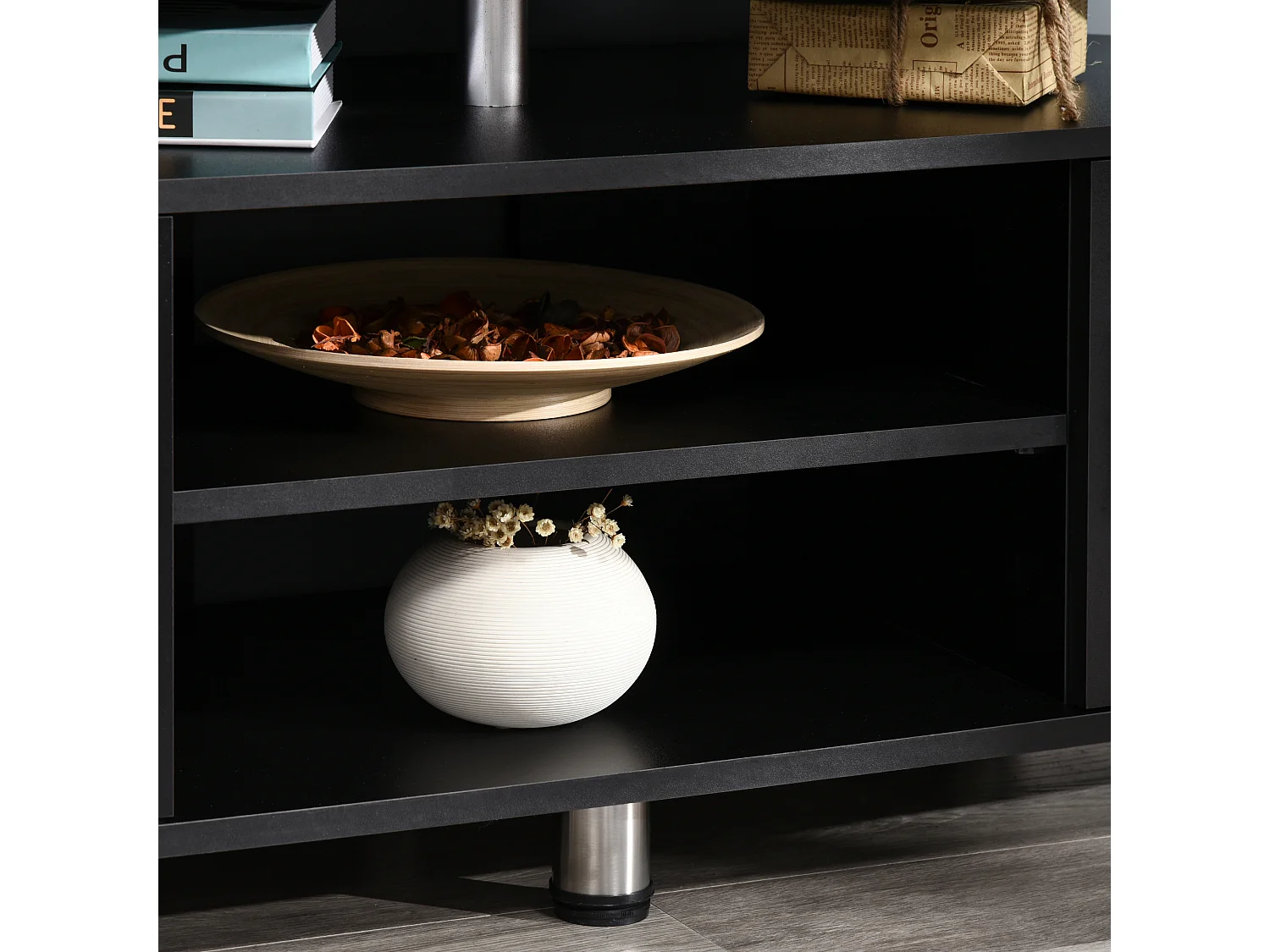 Mobile porta tv con 2 ripiani in mdf e acciaio inox nero